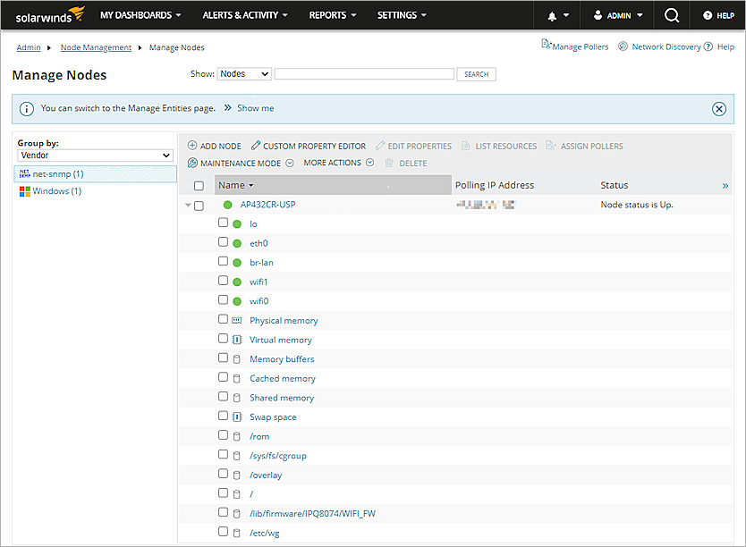 Screen shot of the Manage Nodes page in SolarWinds